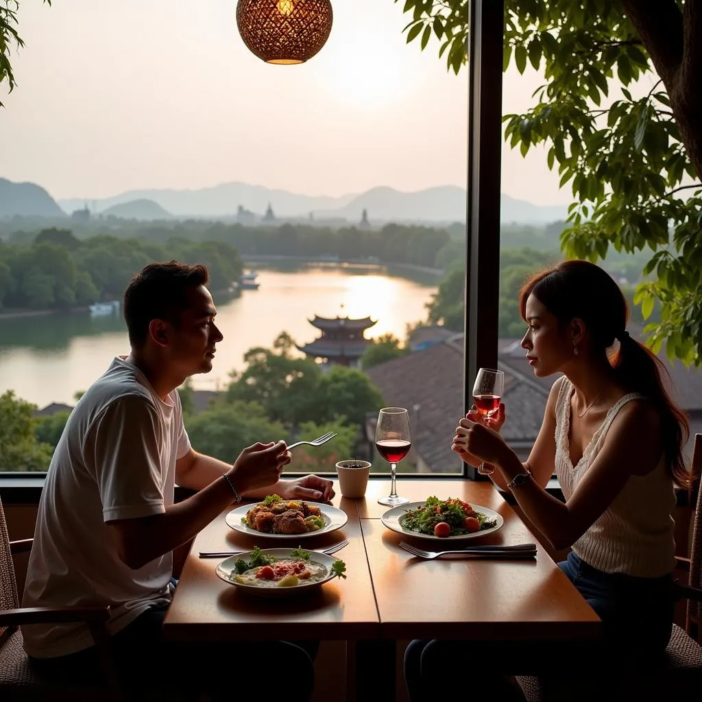 Enjoying a meal with a view of Hoan Kiem Lake, Hanoi