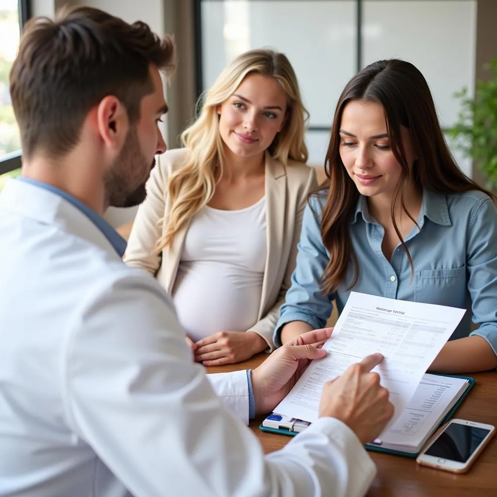 A doctor explaining something to a pregnant couple