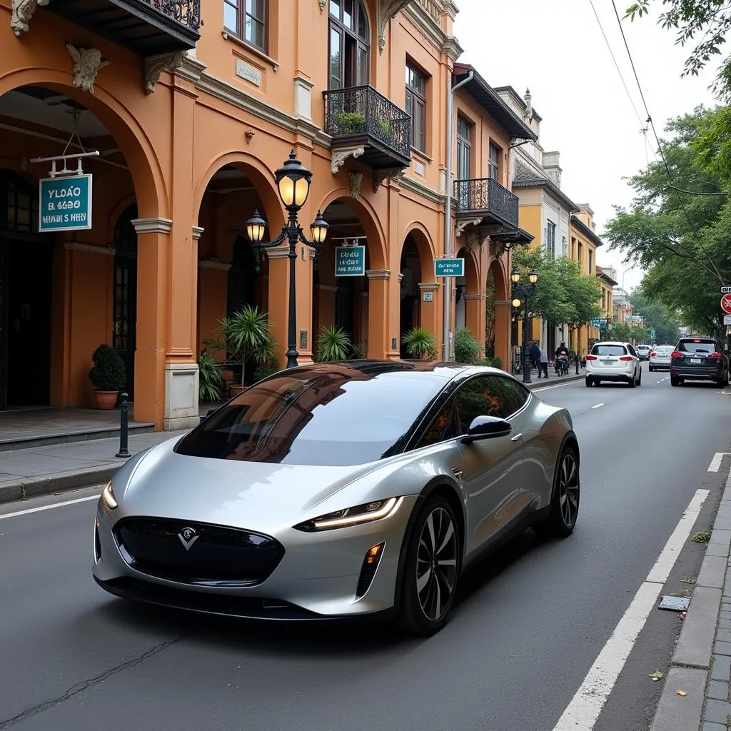 Driving an Electric Car in Hoan Kiem District, Hanoi 