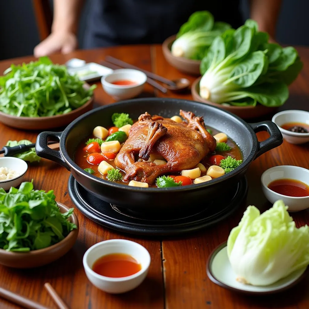 Duck hot pot with various greens on a table