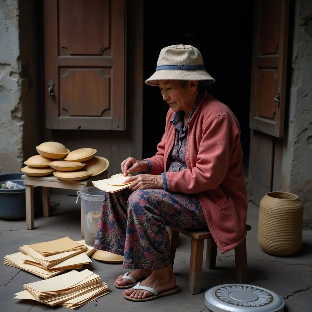 Elderly Vietnamese woman crafting Mac Tu Khoa