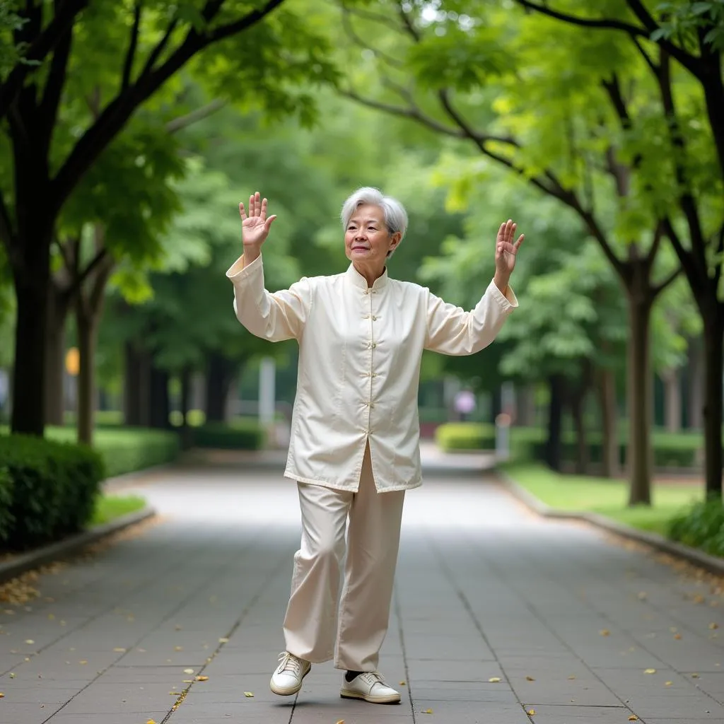 An elderly woman practicing tai chi in a serene park setting