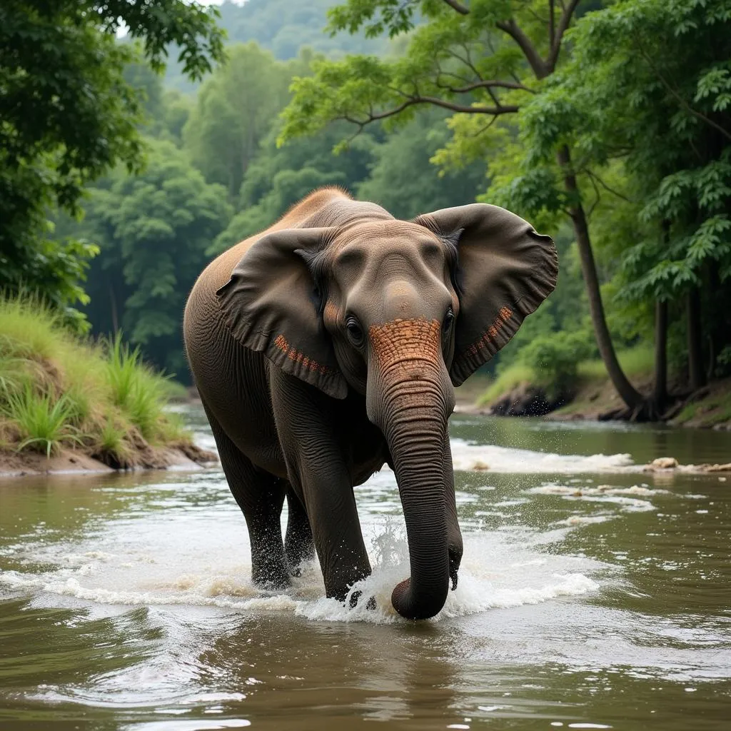 Elephant Crossing the Serepok River