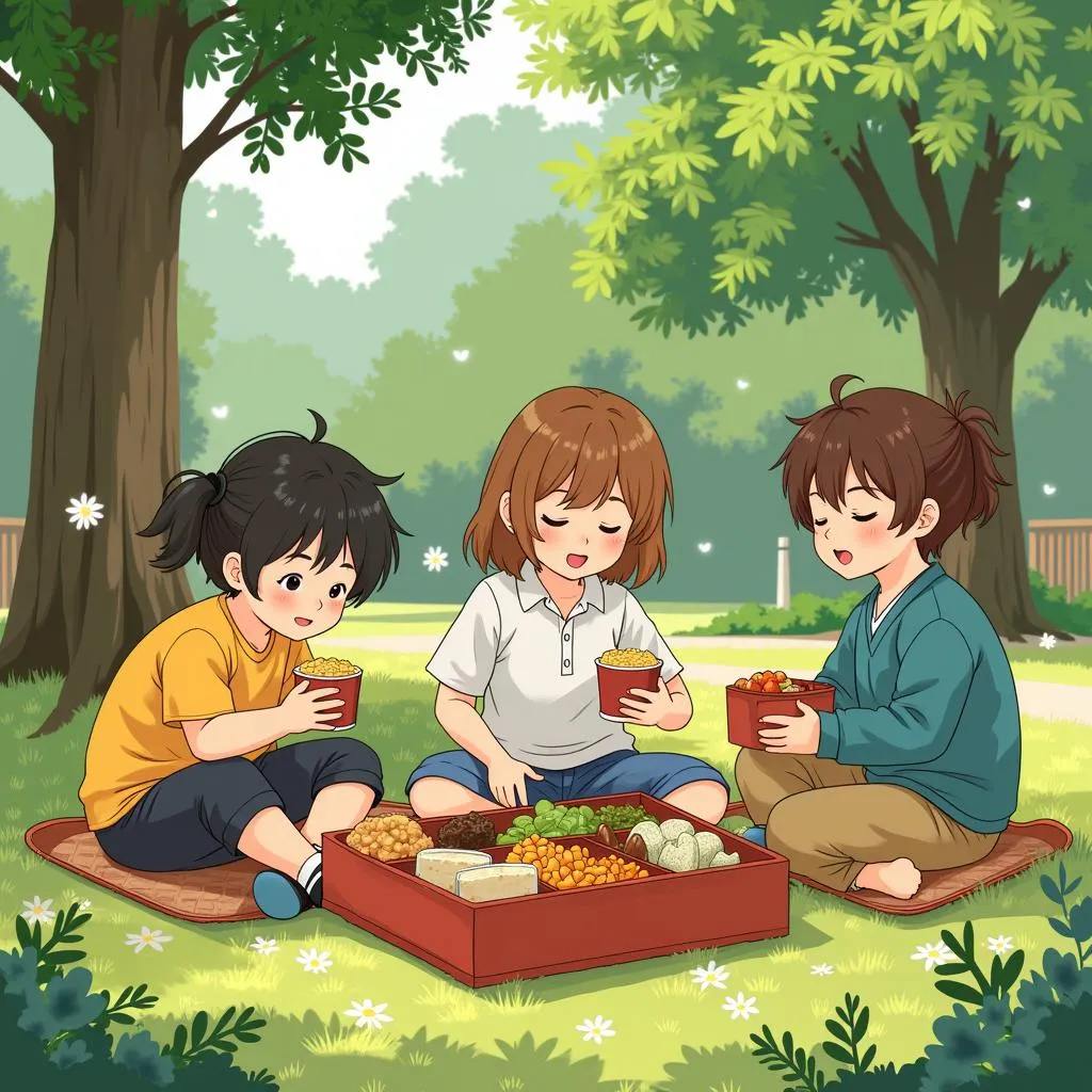 People enjoying bento boxes in a serene park setting in Hanoi