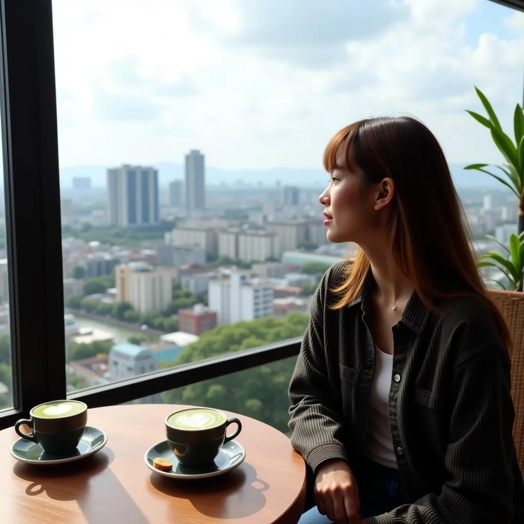 Enjoying a matcha latte at a cafe in Da Nang.