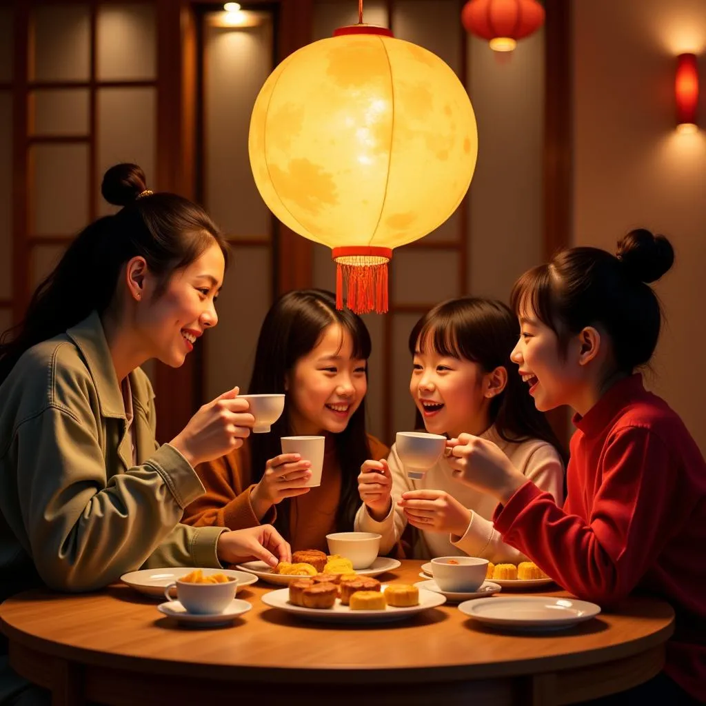 Family enjoying Taiwanese Mooncakes and Tea