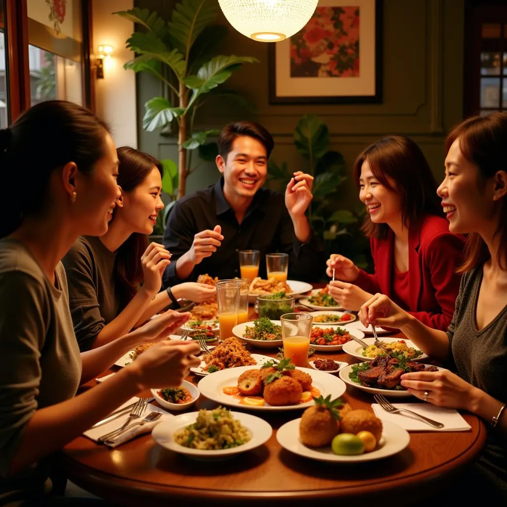 Enjoying a traditional Vietnamese meal at a Hanoi restaurant