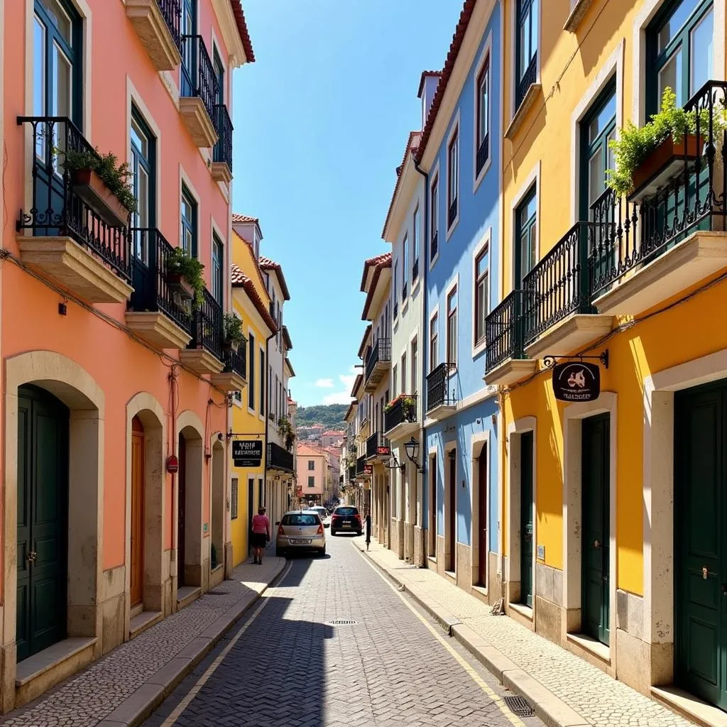 A captivating scene of colorful buildings and narrow cobblestone streets in Lisbon's historic Alfama district.