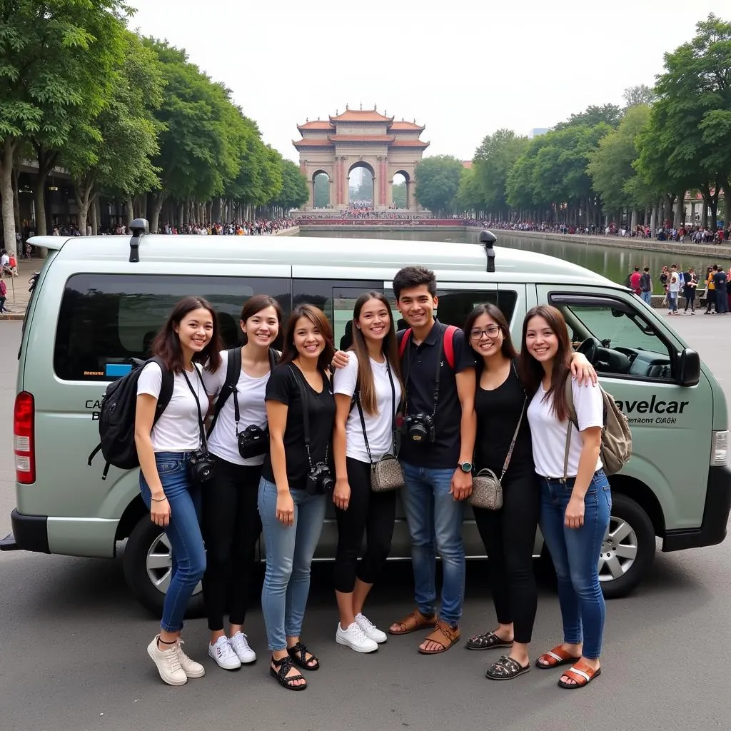 Group of friends enjoying a trip in Hanoi with TRAVELCAR's transportation services