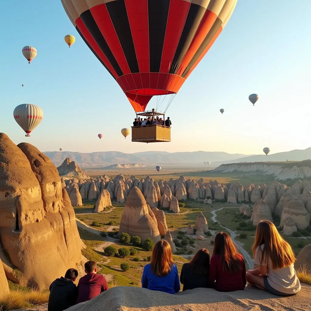 Tourists exploring Turkey by hot air balloon