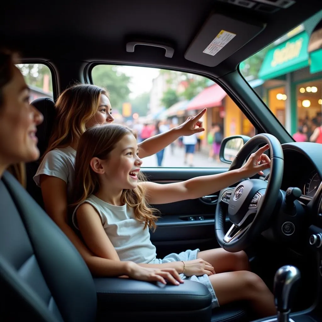 Family enjoying a scenic car ride in Hanoi