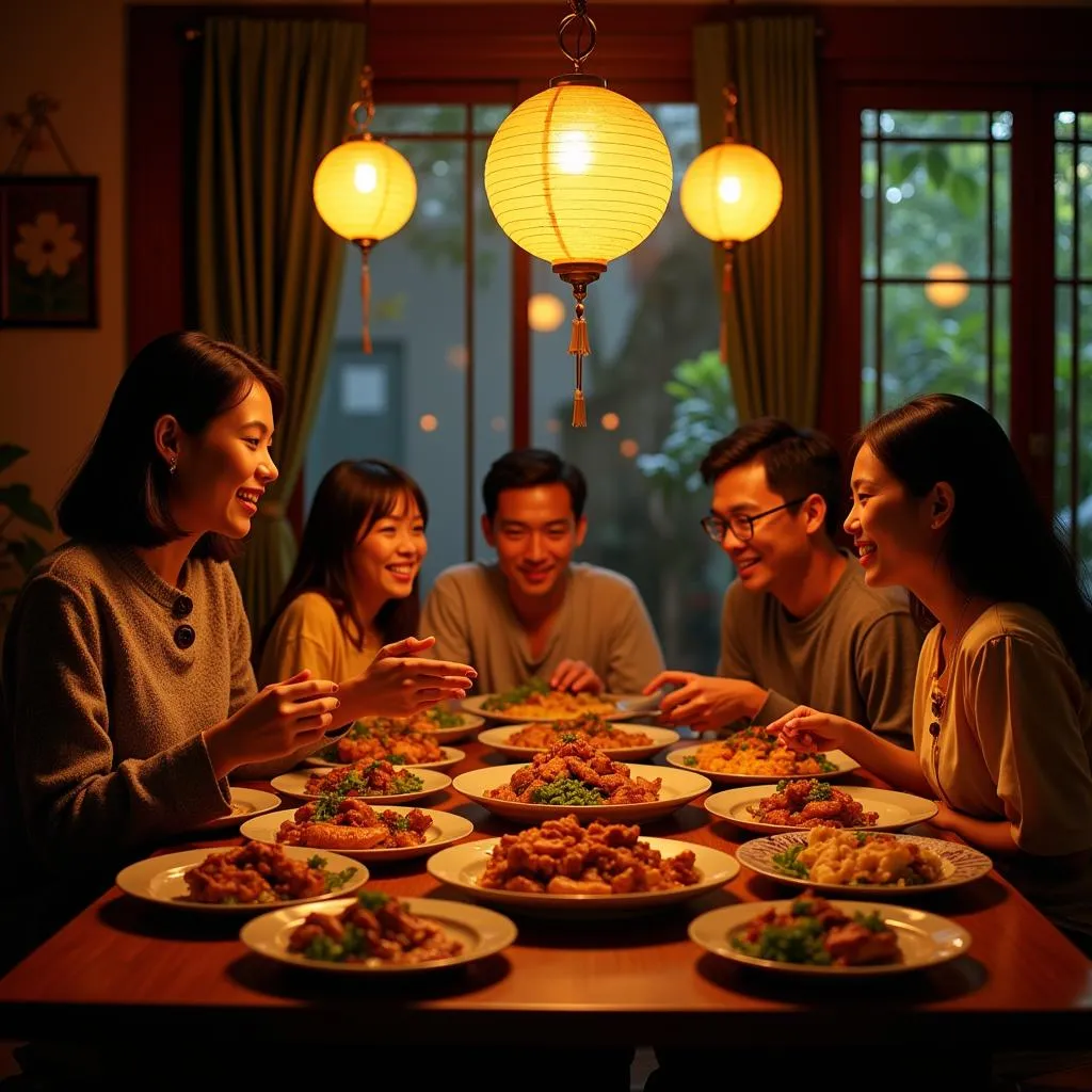 A Vietnamese family gathers around a table, happily enjoying a meal featuring various catfish dishes in their Hanoi home.