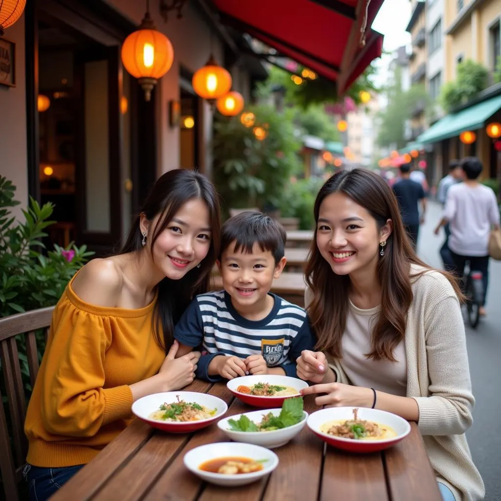 Family enjoying Vietnamese dessert in Hanoi