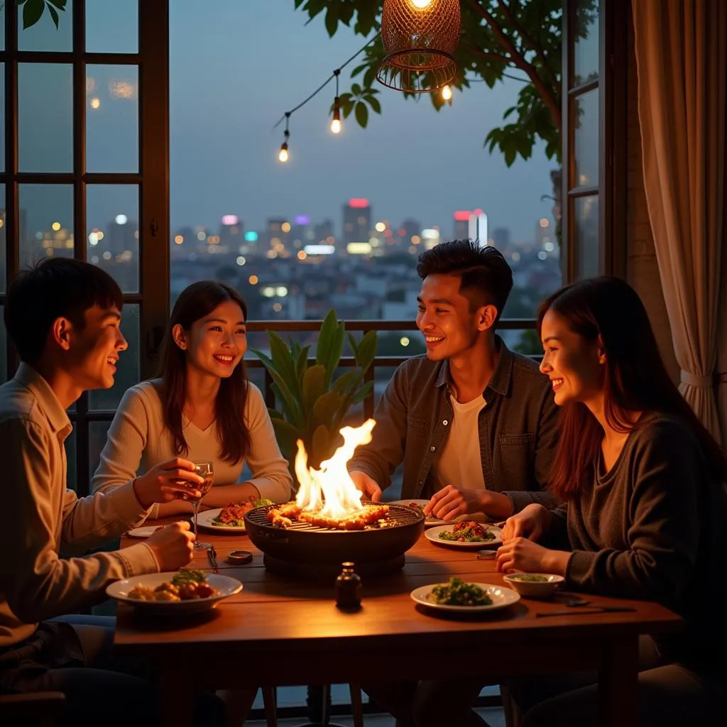 Family enjoying dinner cooked on an electric grill on their Hanoi balcony