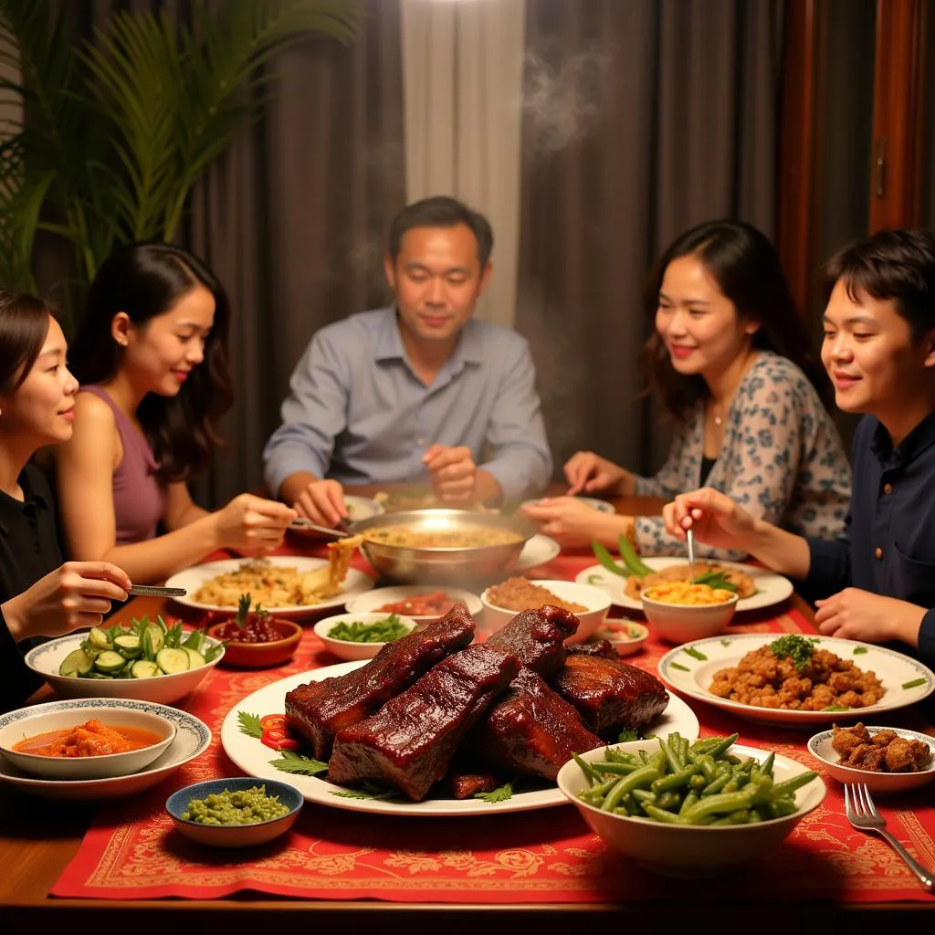 Family Enjoying Traditional Tet Meal With Ribs