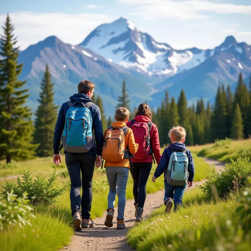 Family hiking in Denali National Park, Alaska