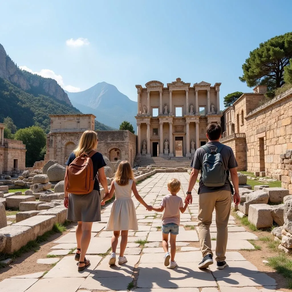 Family of American tourists visiting ancient ruins in Turkey