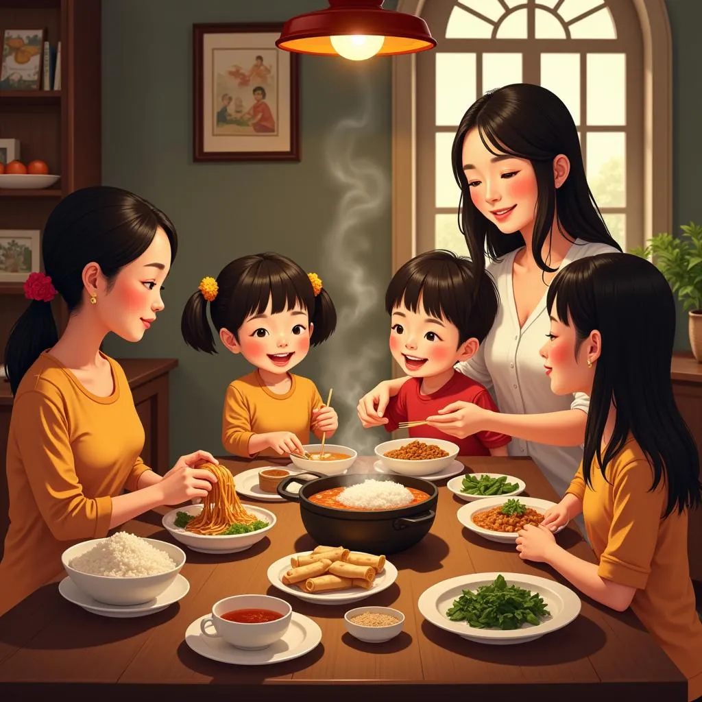 Family Sharing a Vietnamese Meal