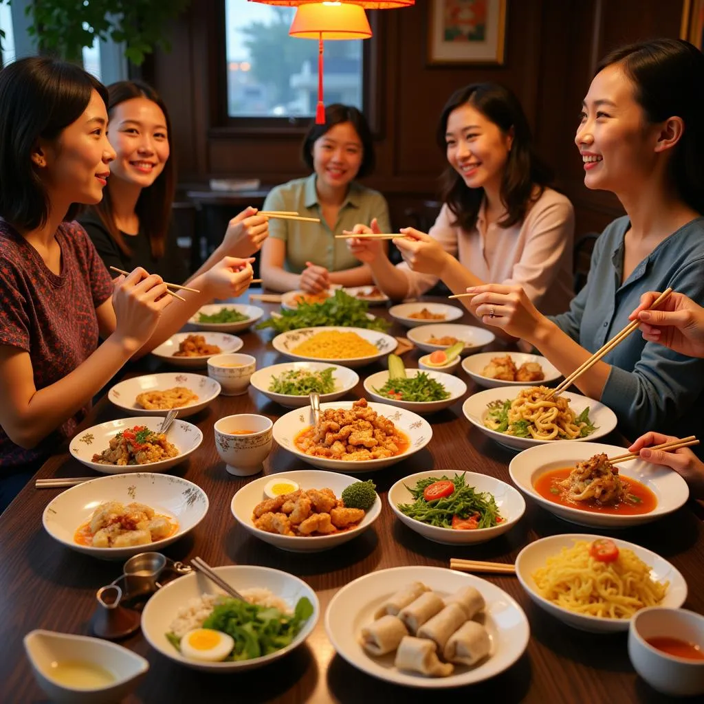 Family enjoying a traditional Vietnamese meal in Hanoi