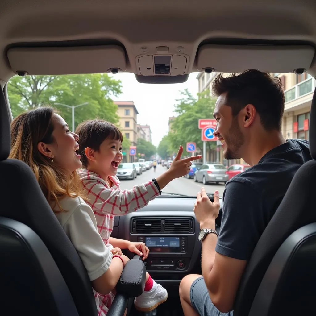 Family exploring Hanoi in a comfortable van