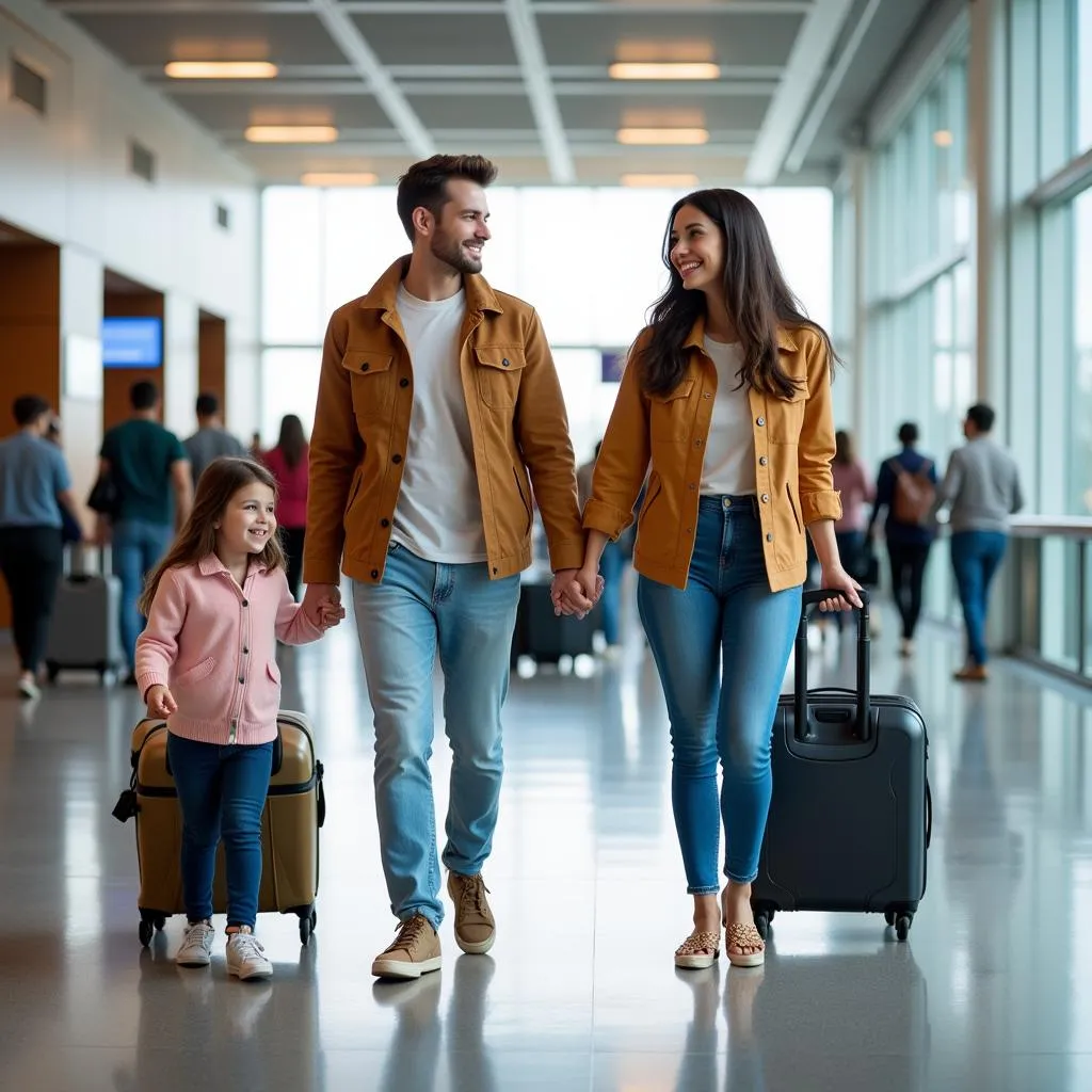 Family Walking Through Airport with Luggage