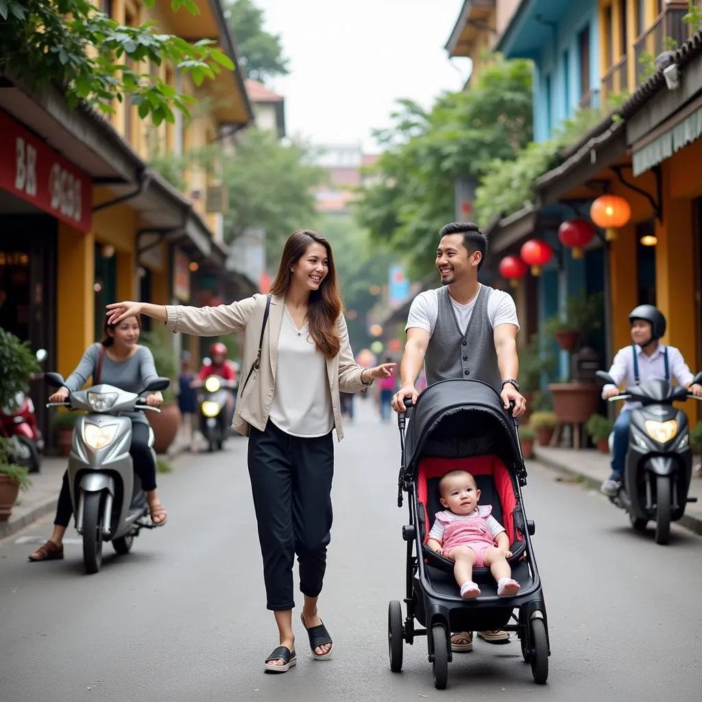 Family strolling with a baby in a stroller through the vibrant streets of Hanoi Old Quarter