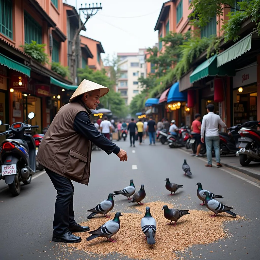 Feeding doves in Hanoi's Old Quarter