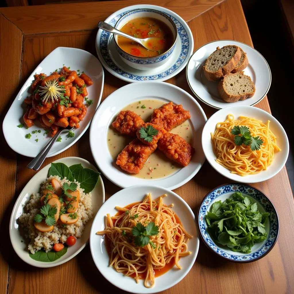 A table setting with colorful Vietnamese dishes representing the five elements