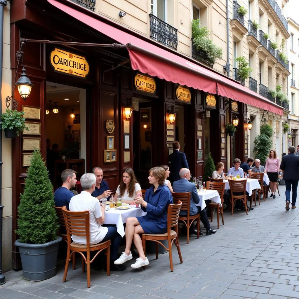 People enjoying a meal at a French cafe