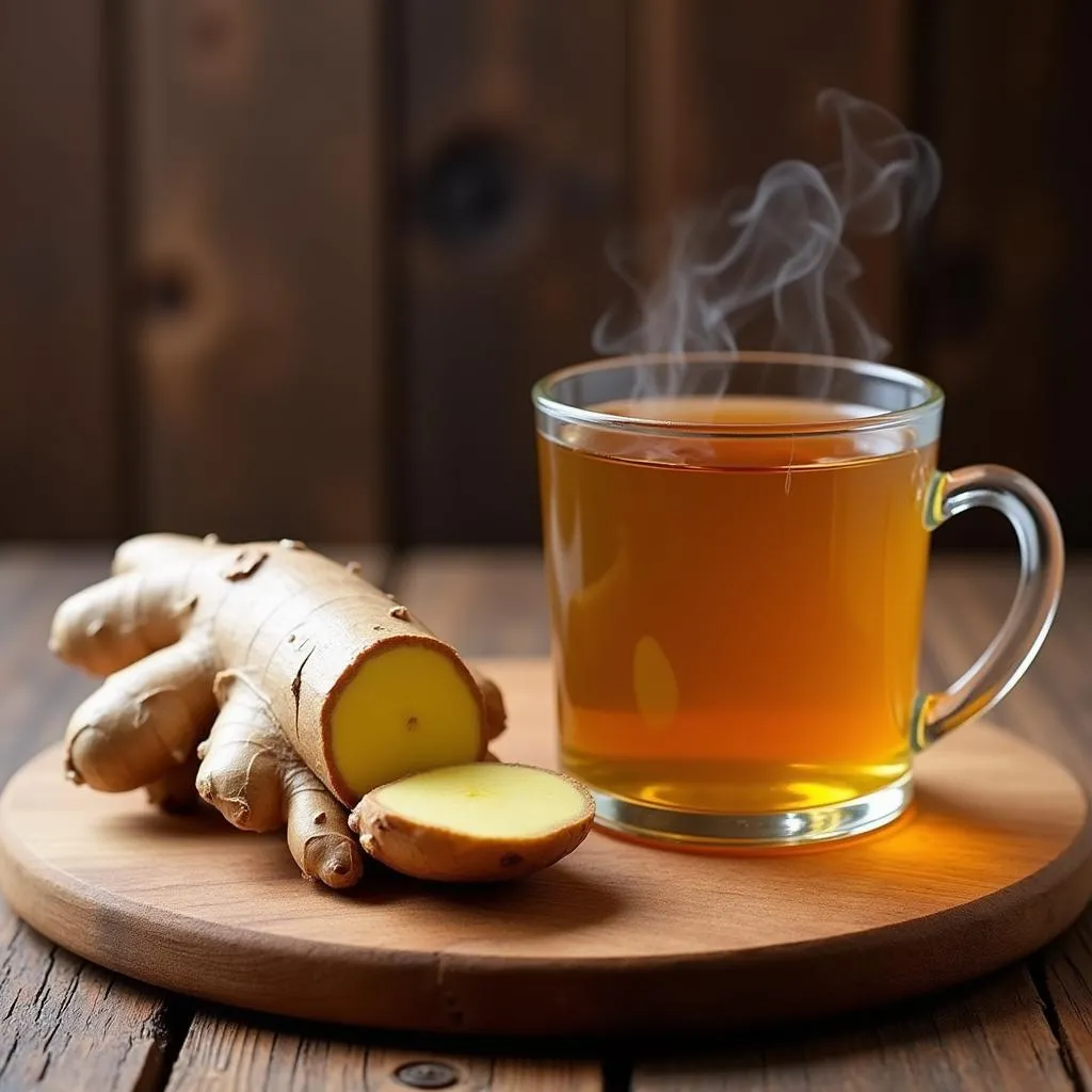 Fresh ginger root and a cup of ginger tea