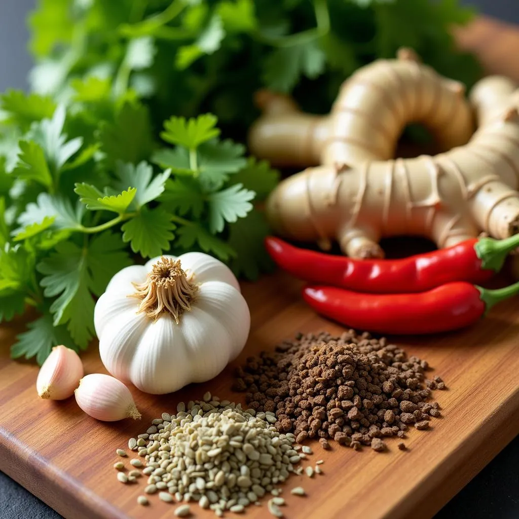 Fresh herbs and spices in a Vietnamese kitchen