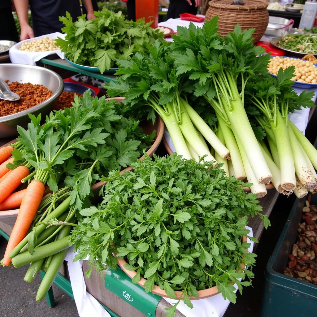 Fresh herbs and vegetables at a Hanoi market