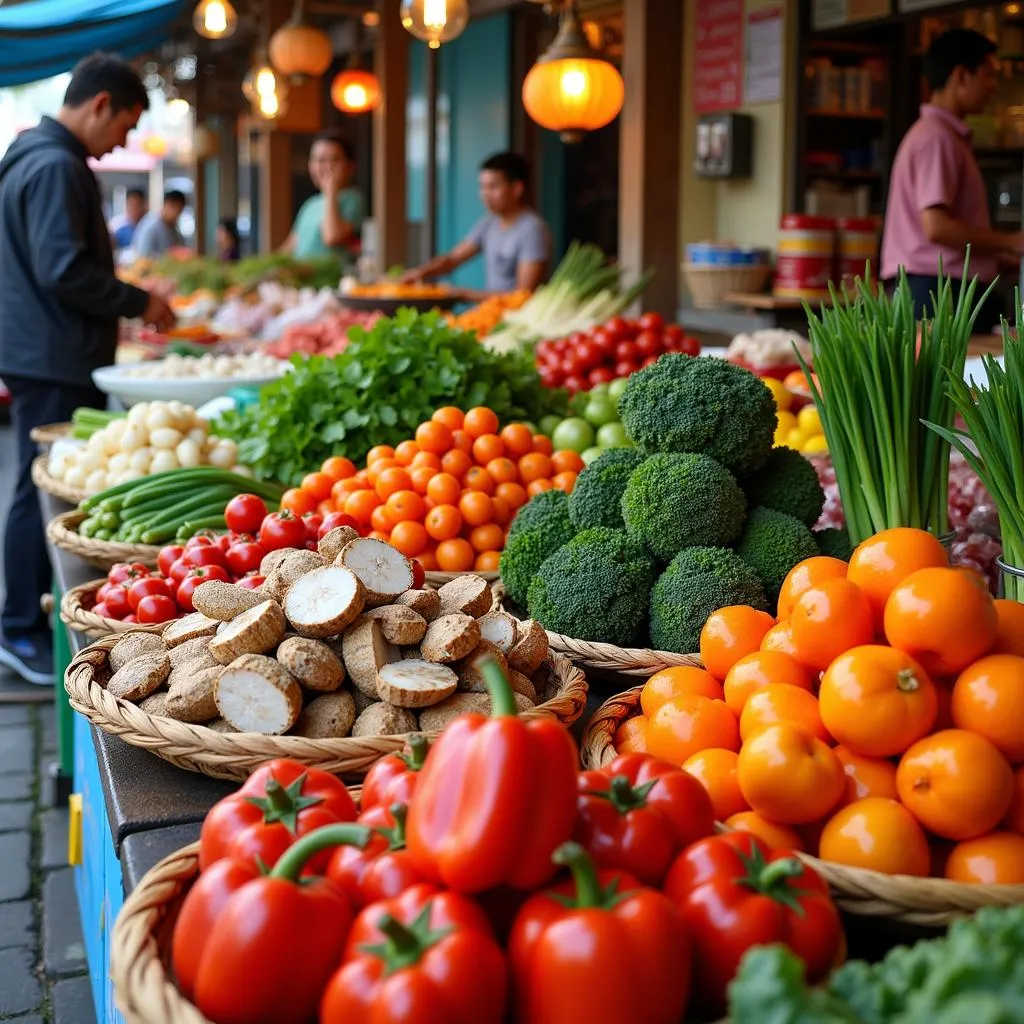 A vibrant display of fresh produce and ingredients at a local market in Hanoi