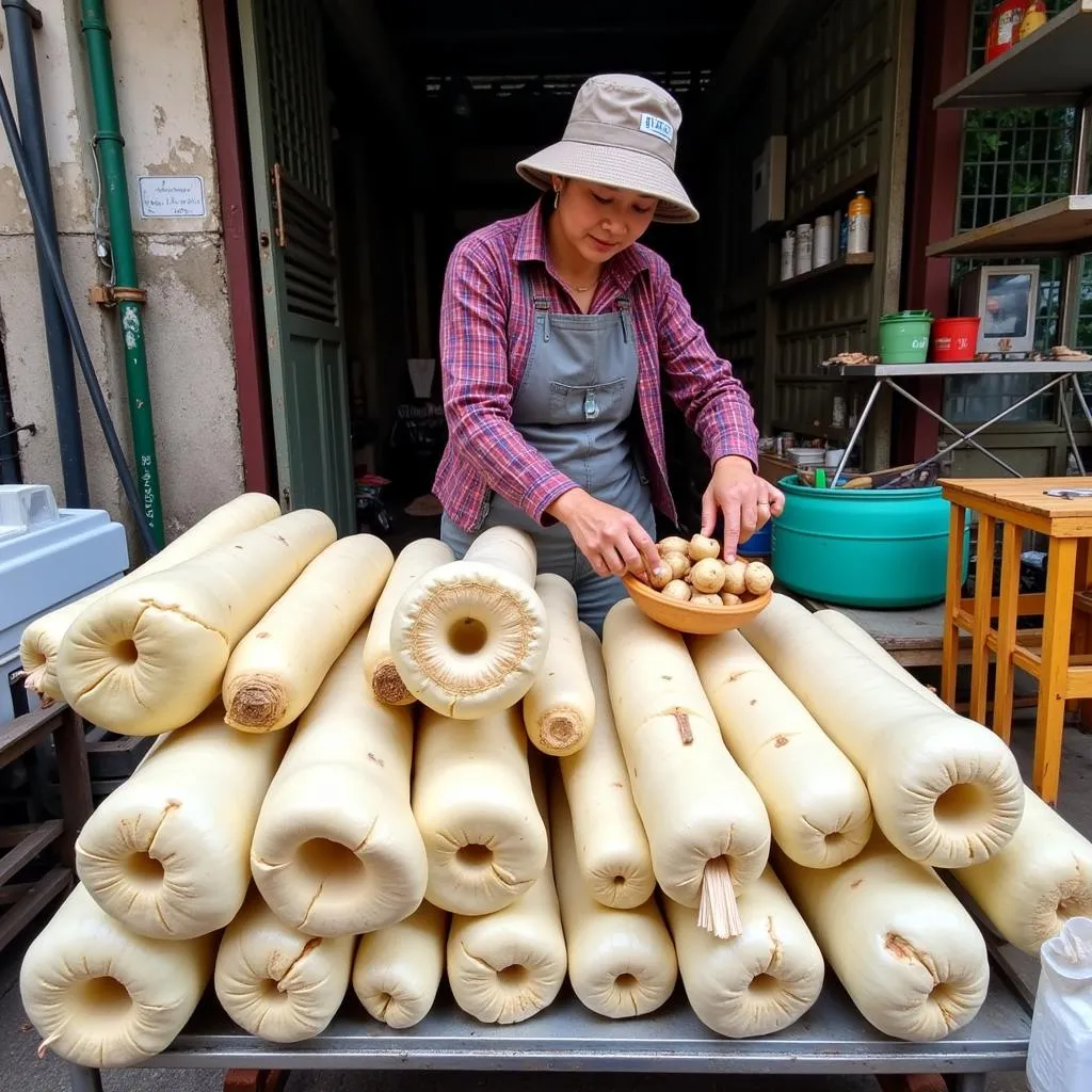 Fresh lotus root at a Hanoi market