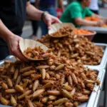 Hanoi street food vendor selling fried grasshoppers