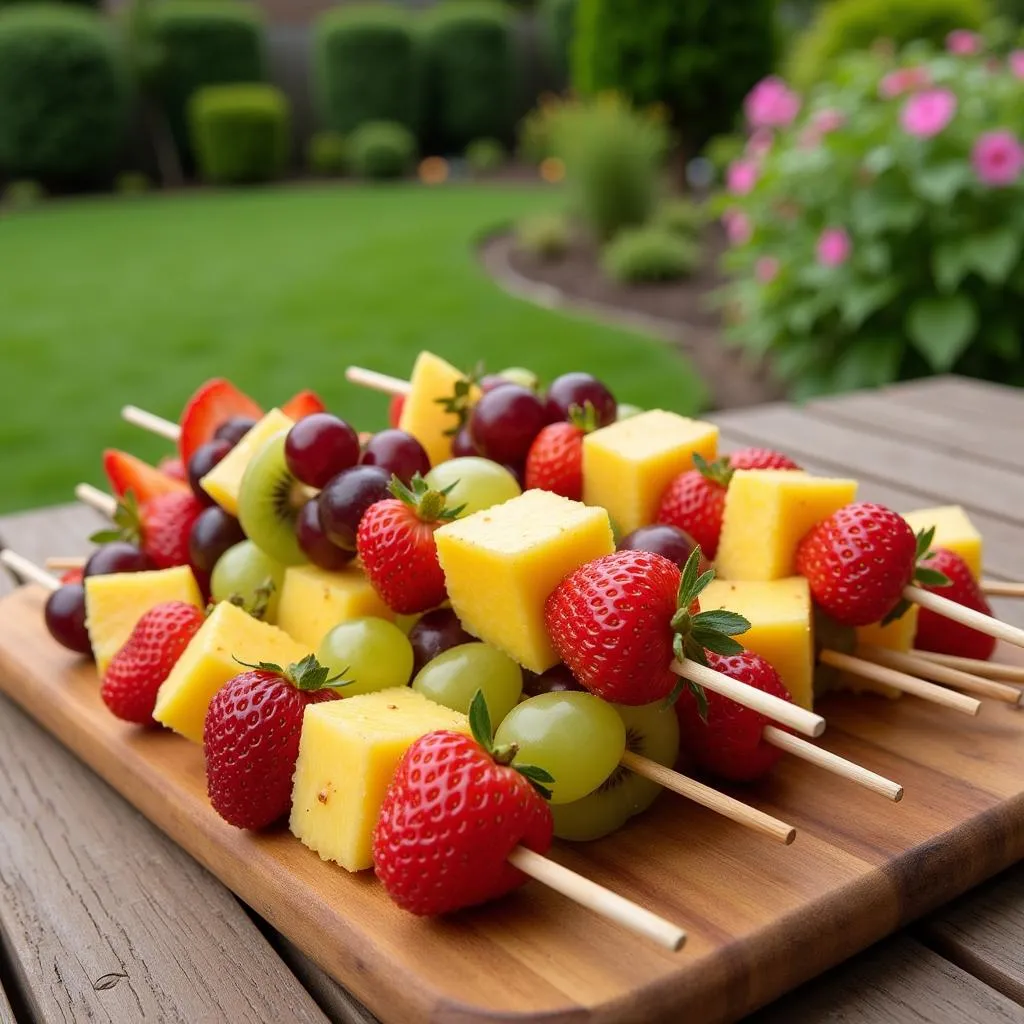 Colorful fruit skewers arranged on a table