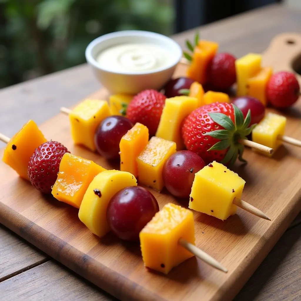 Fresh fruit skewers with dipping sauce on a picnic table