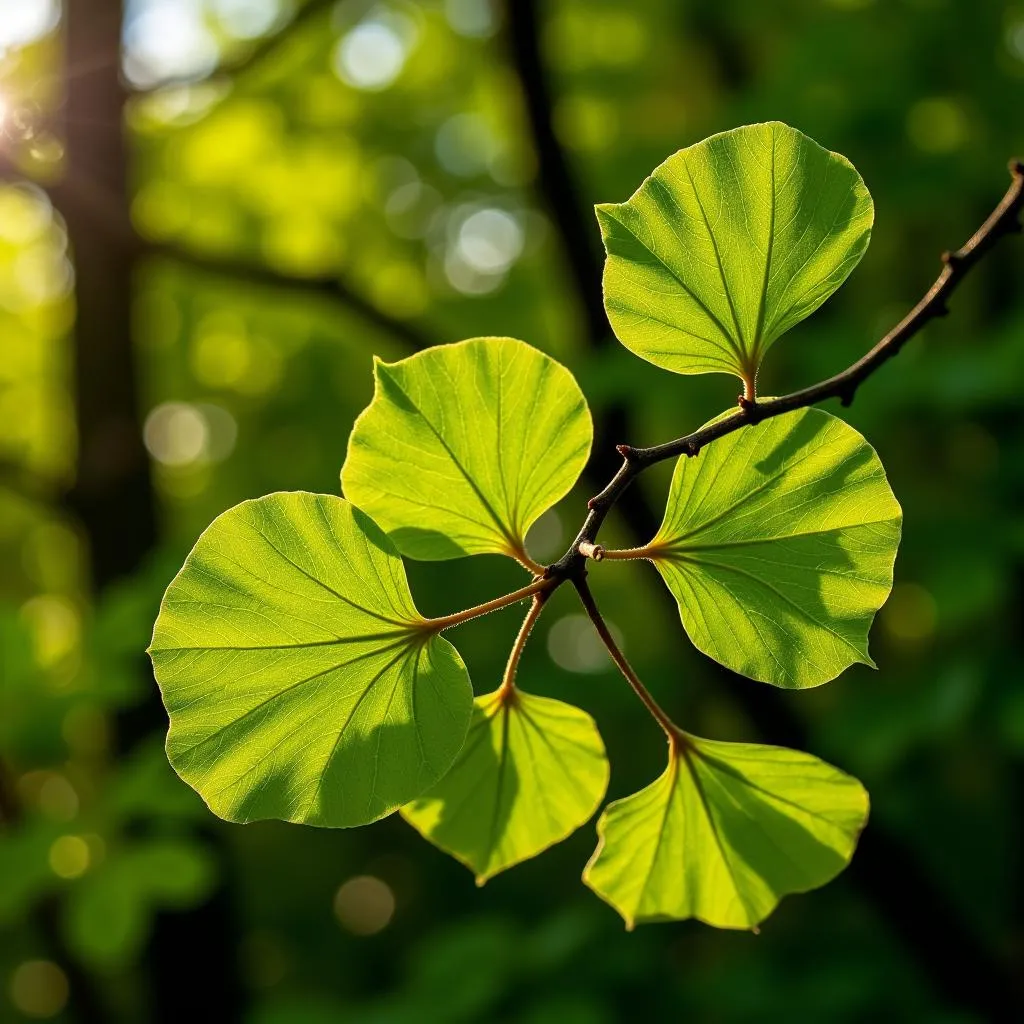 Ginkgo biloba leaves on a tree branch