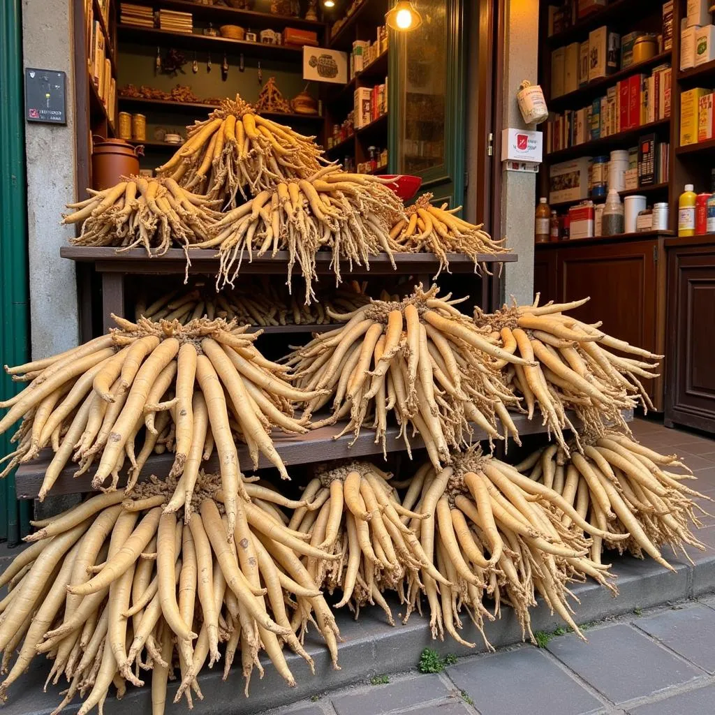 Ginseng roots displayed at a traditional medicine shop in Hanoi