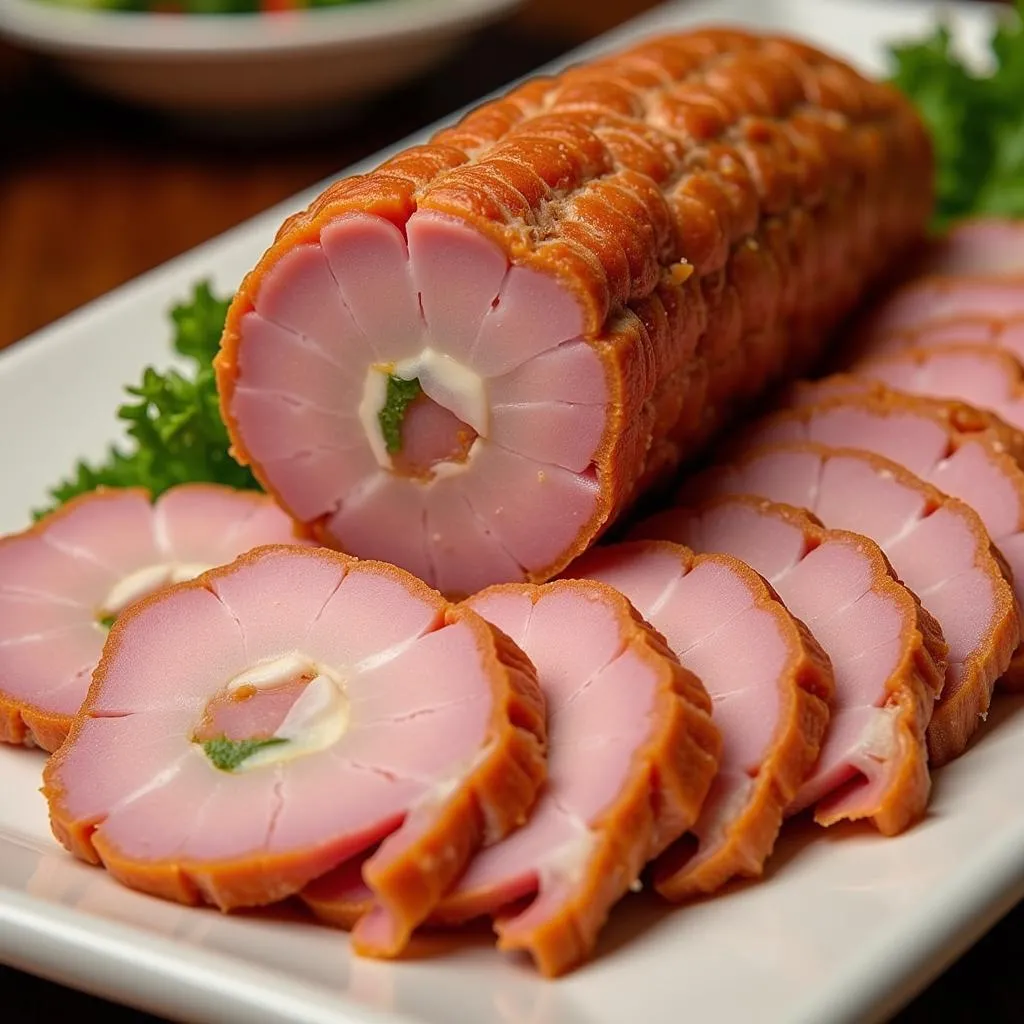 Slices of Giò (Vietnamese Pork Roll) on a platter