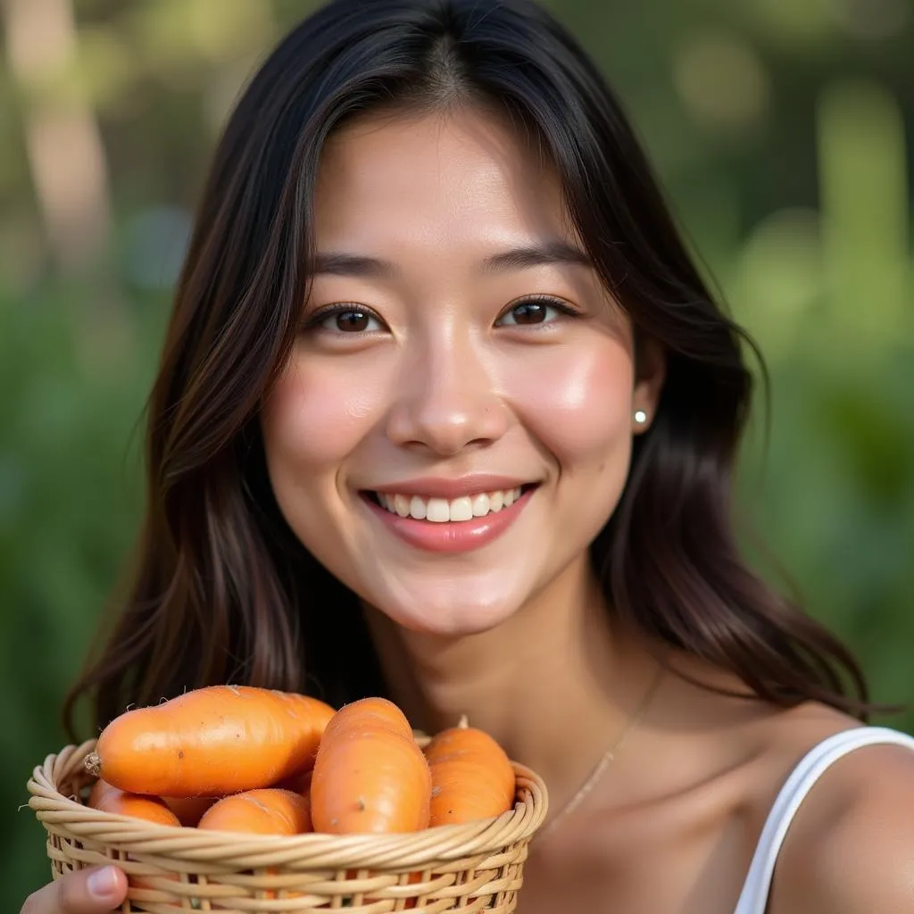 Woman with glowing skin holding sweet potatoes