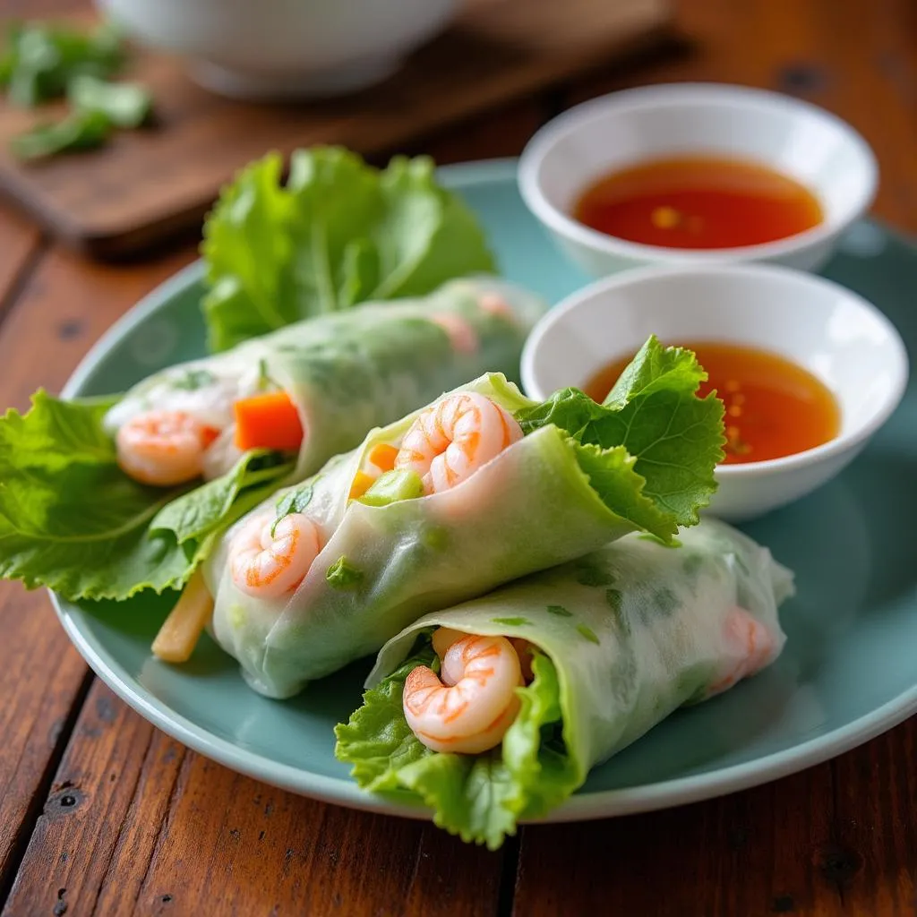 Fresh Vietnamese spring rolls, Goi Cuon, with dipping sauce