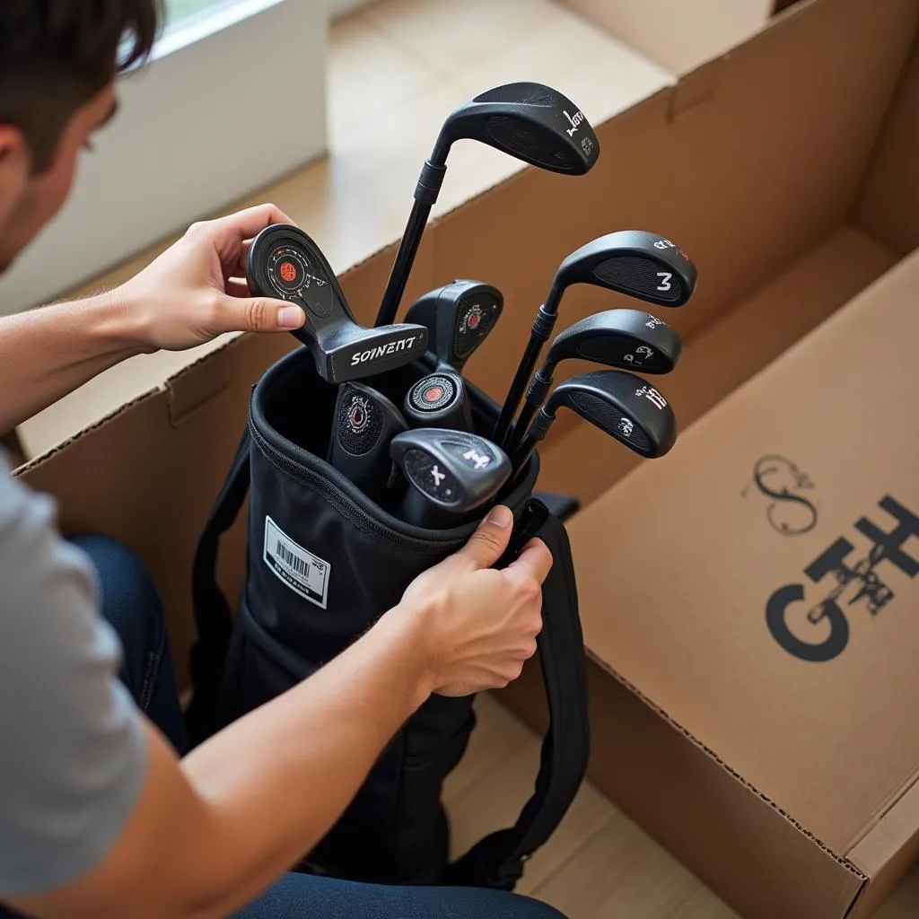 Golf clubs being packed for shipping.