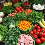 Fresh fruits, vegetables, and lean protein on a table