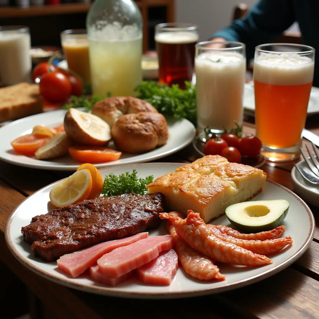 Gout-triggering foods arranged on a table