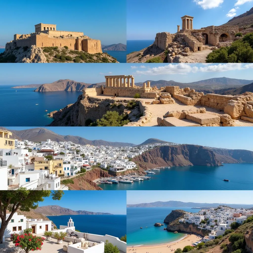 A montage of Greek landmarks and islands