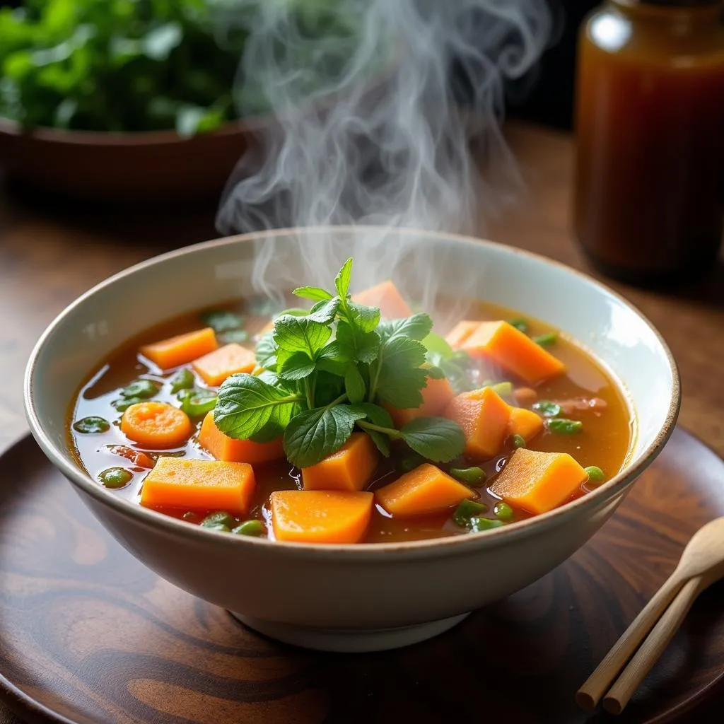 Green papaya soup in bowl with spoon