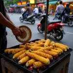 Grilled corn on the cob sold by a street vendor in Hanoi