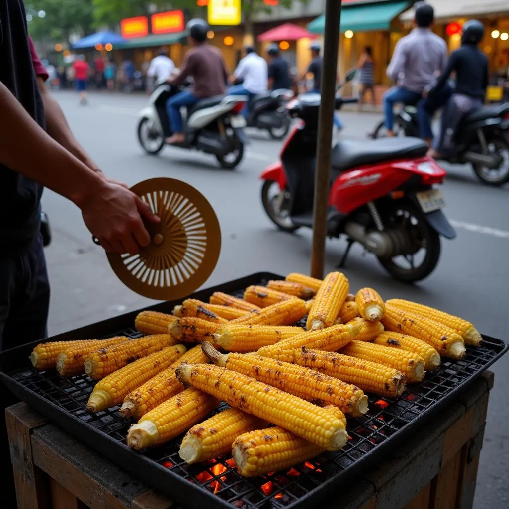 Grilled corn on the cob sold by a street vendor in Hanoi