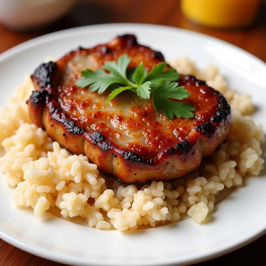 Grilled pork chop served with broken rice